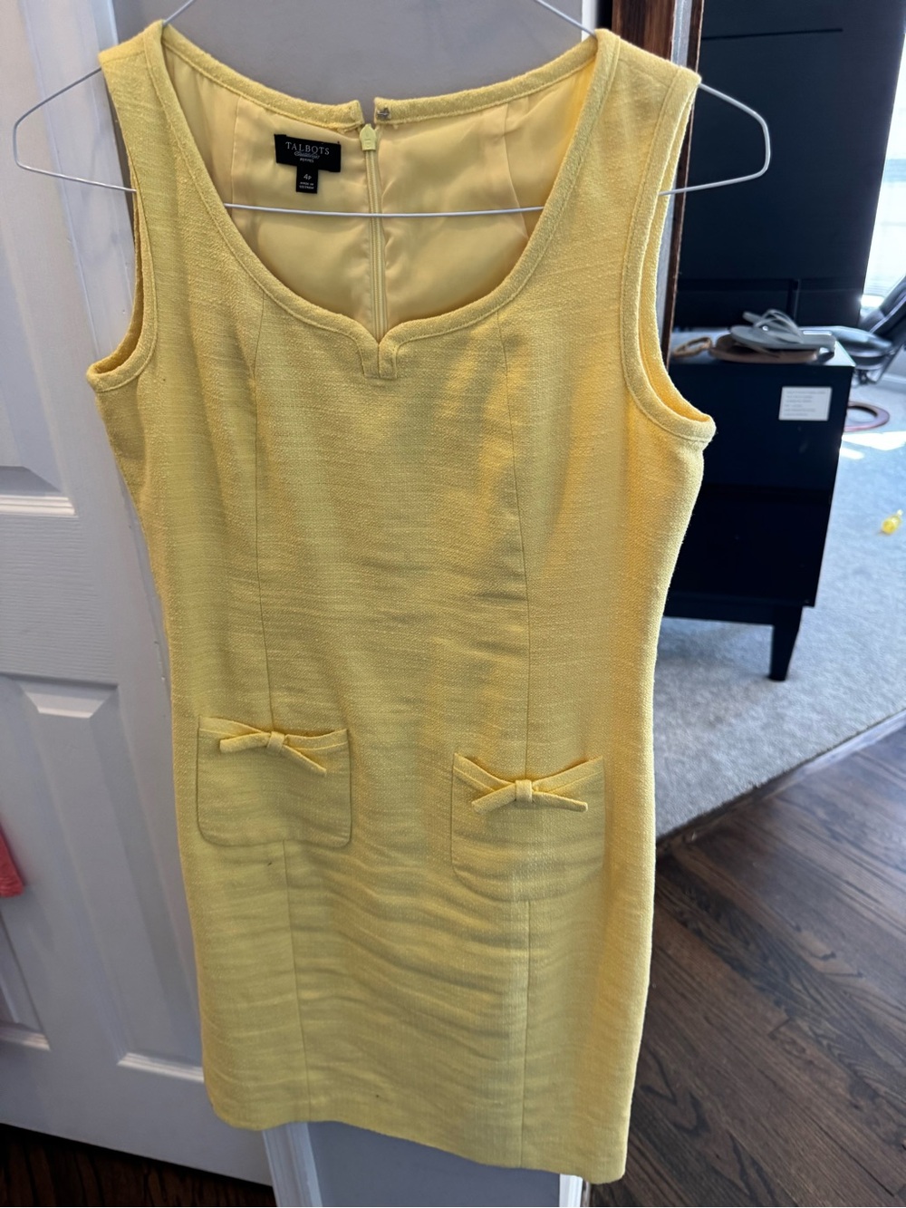 Talbots Lemon Yellow Sleeveless Sheath Dress with Bow Pockets